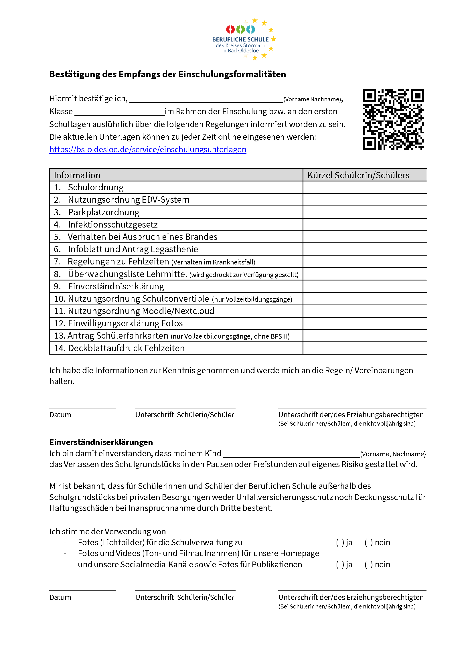 Einschulungsunterlagen